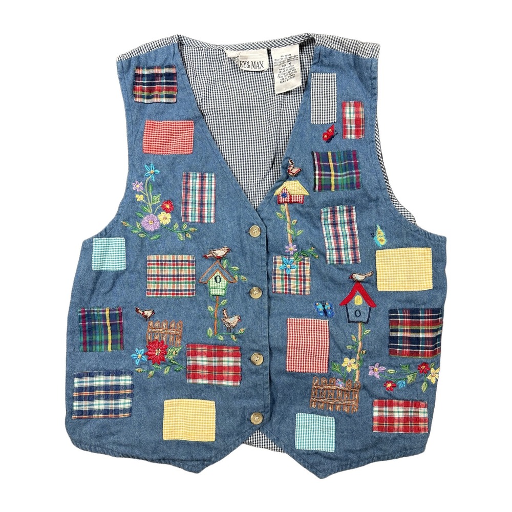 Casey & Max Womens Medium Blue Denim Patchwork Embroidered Birdhouse Vest Cotton